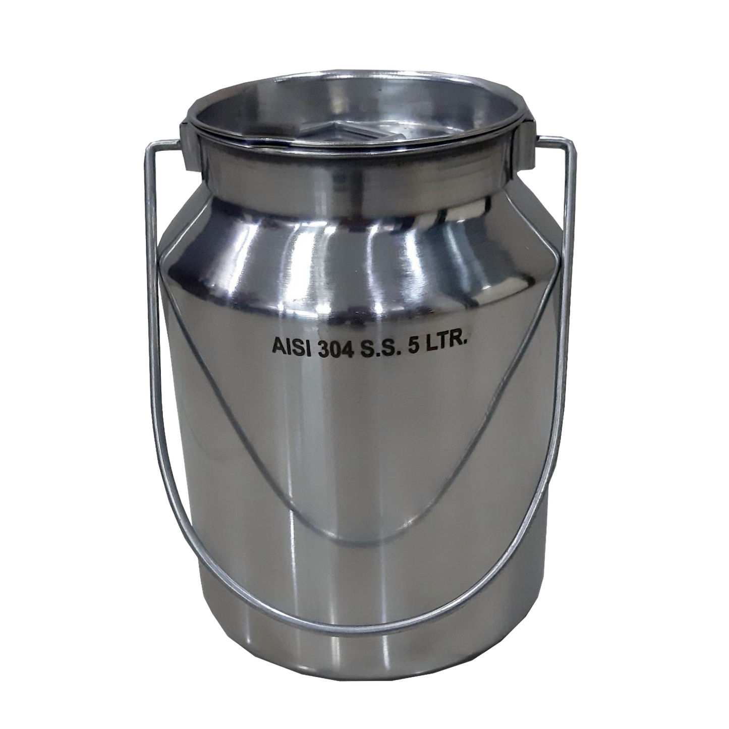 Shining small stainless steel milk can with a seamless 5-liter capacity and sturdy handle, designed for easy cleaning and storage in farm, garden, and animal care collections.