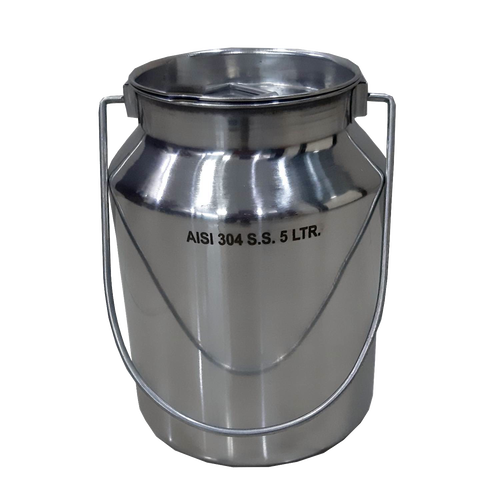 Shining small stainless steel milk can with a seamless 5-liter capacity and sturdy handle, designed for easy cleaning and storage in farm, garden, and animal care collections.