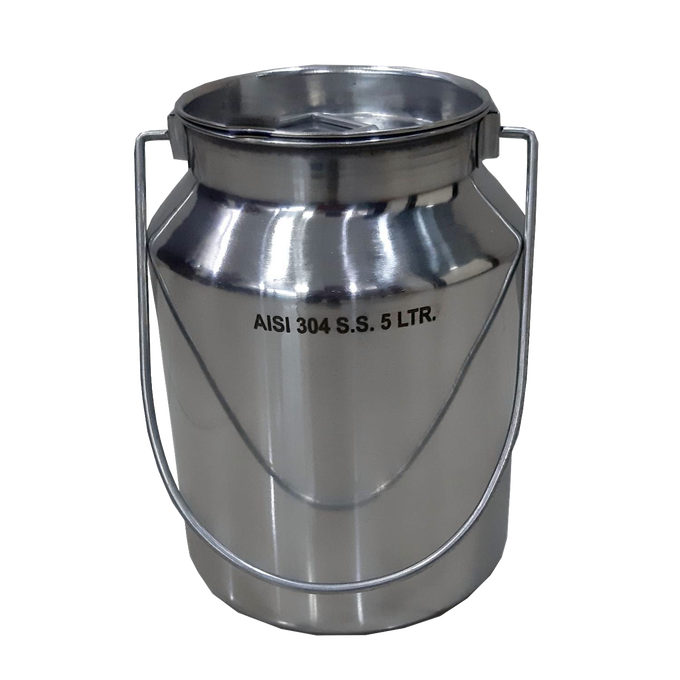 Shining small stainless steel milk can with a seamless 5-liter capacity and sturdy handle, designed for easy cleaning and storage in farm, garden, and animal care collections.