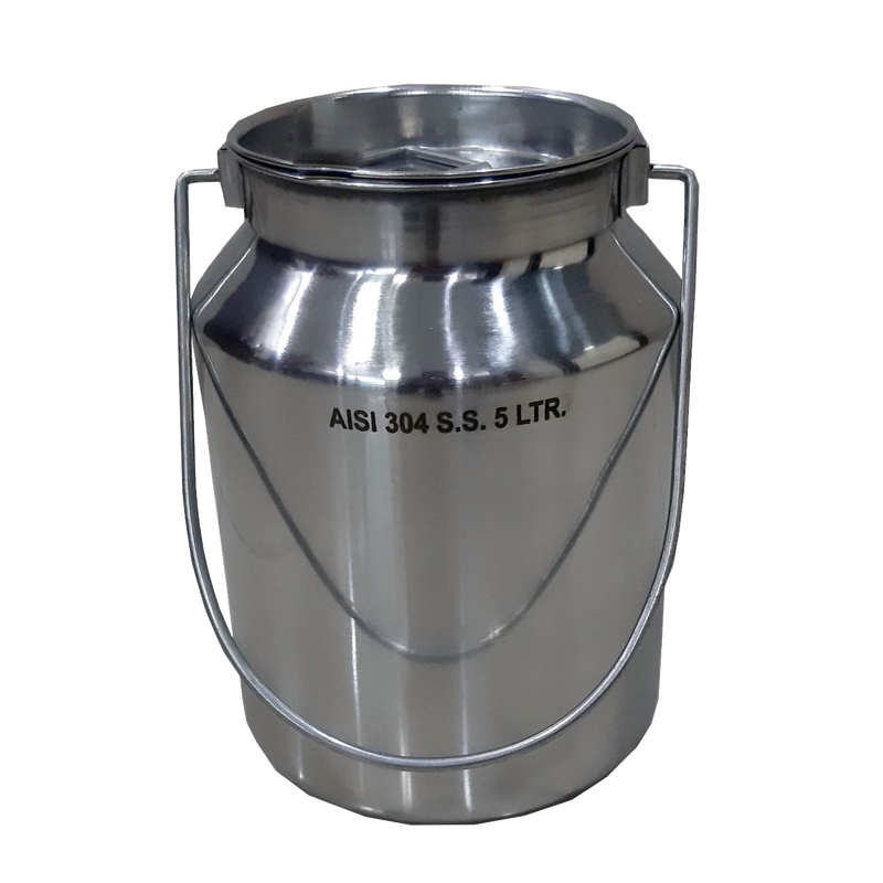 Shining small stainless steel milk can with a seamless 5-liter capacity and sturdy handle, designed for easy cleaning and storage in farm, garden, and animal care collections.
