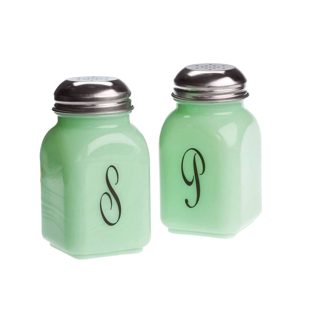Set of two vintage-style glass salt and pepper shakers in pale green with black monograms and stainless steel tops, handcrafted in the USA for Kitchen & Food collections.