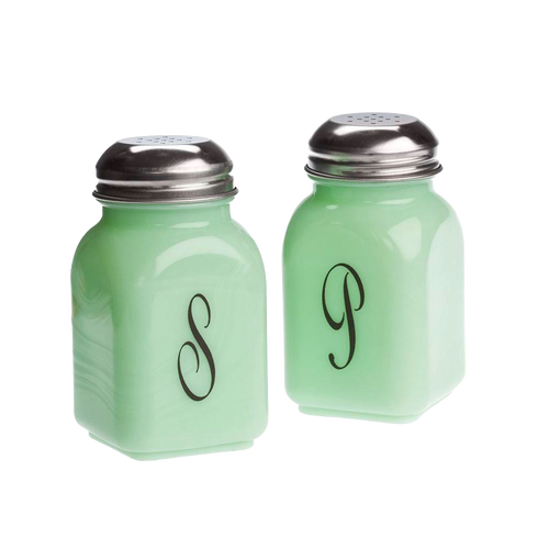 Set of two vintage-style glass salt and pepper shakers in pale green with black monograms and stainless steel tops, handcrafted in the USA for Kitchen & Food collections.