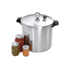 Large aluminum pressure canner with secure locking lid, pressure gauge, and black handles, shown next to jars of preserved food, ideal for Kitchen & Food, Food Preservation, and Best Sellers collections.