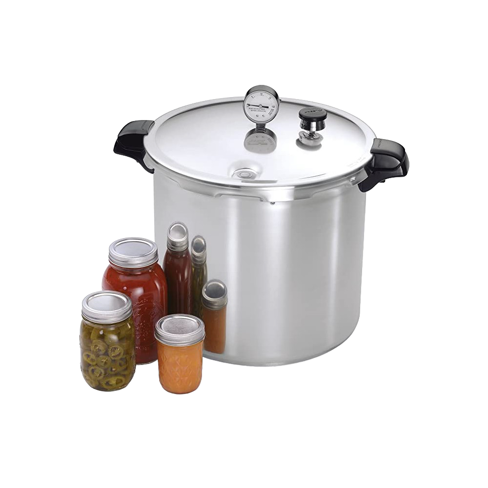 Large aluminum pressure canner with secure locking lid, pressure gauge, and black handles, shown next to jars of preserved food, ideal for Kitchen & Food, Food Preservation, and Best Sellers collections.