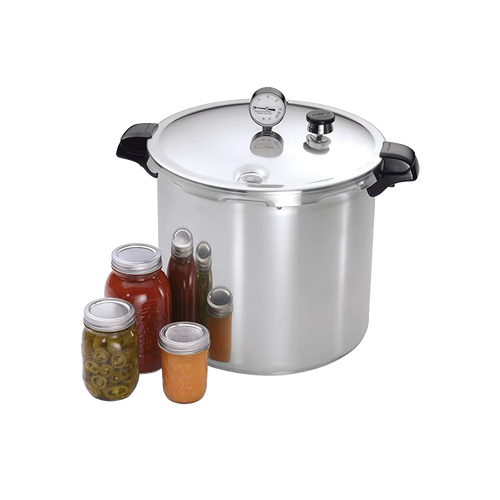 Large aluminum pressure canner with secure locking lid, pressure gauge, and black handles, shown next to jars of preserved food, ideal for Kitchen & Food, Food Preservation, and Best Sellers collections.
