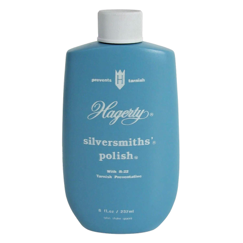 Blue bottle of Hagerty silver polish designed to clean, protect, and preserve silver and gold surfaces, featured in Home & Decor and Household Cleaning collections.