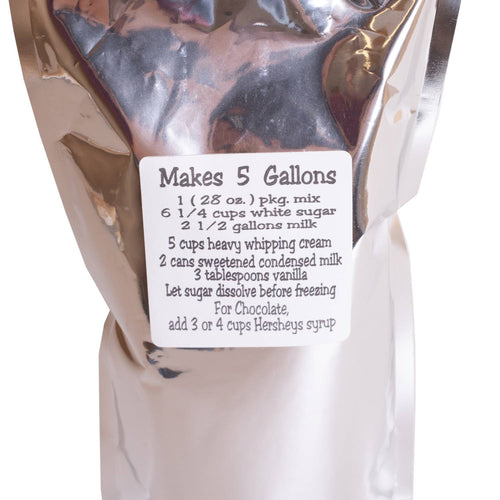 Shiny silver foil pouch containing powdered mix with handwritten recipe label for making 5 gallons of rich, creamy ice cream; featured in Kitchen & Food and USA Made collections.