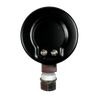 Back view of a steam gauge component with a black metal casing, two screws, and a hexagonal metal connector, designed for food preservation and pressure canners in USA Made collections.