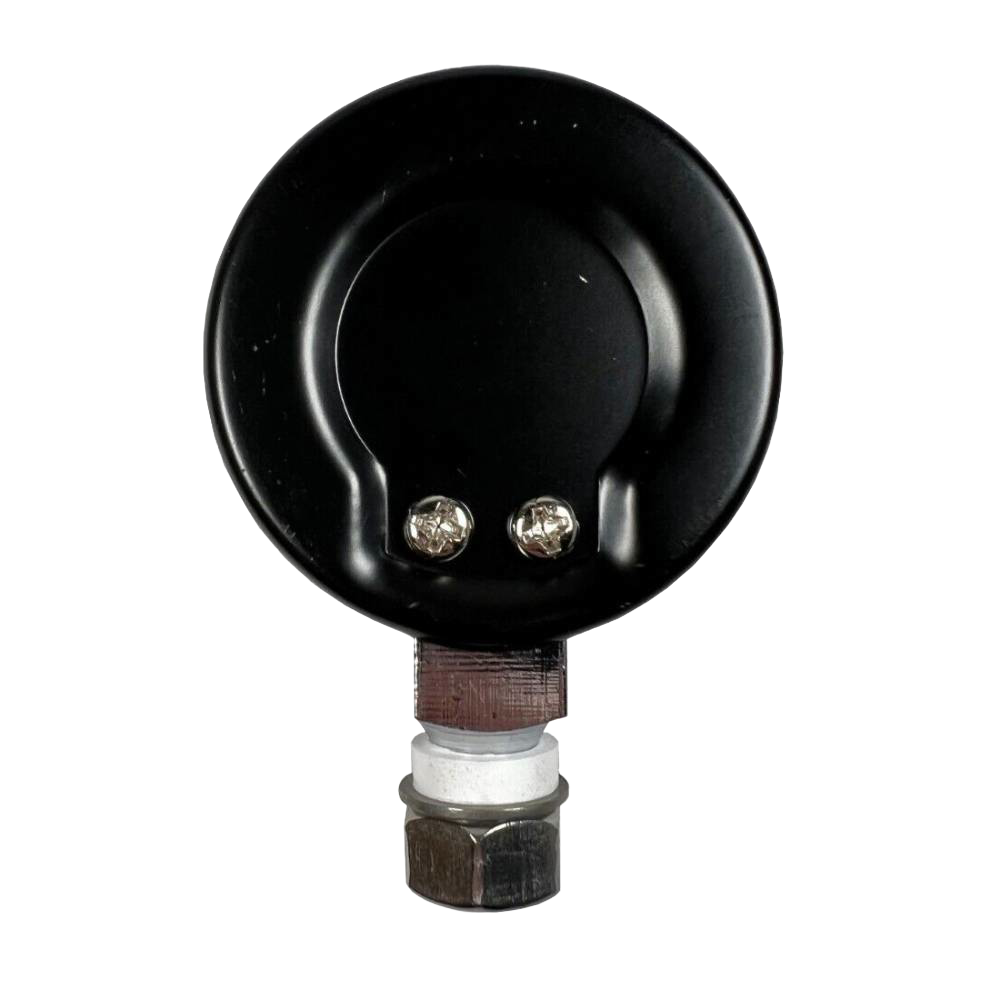 Back view of a steam gauge component with a black metal casing, two screws, and a hexagonal metal connector, designed for food preservation and pressure canners in USA Made collections.