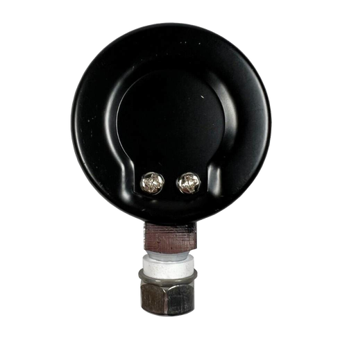 Back view of a steam gauge component with a black metal casing, two screws, and a hexagonal metal connector, designed for food preservation and pressure canners in USA Made collections.
