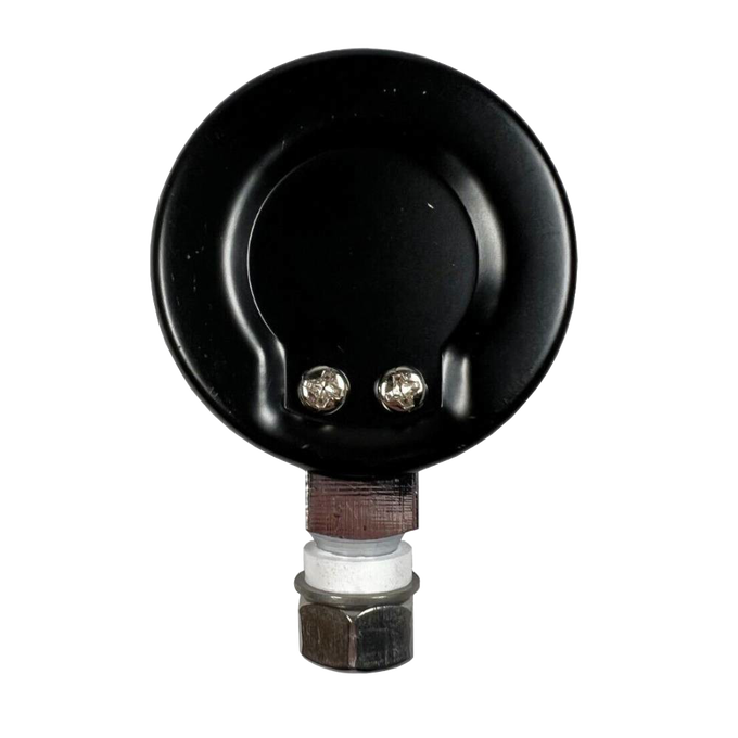 Back view of a steam gauge component with a black metal casing, two screws, and a hexagonal metal connector, designed for food preservation and pressure canners in USA Made collections.