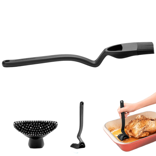 Black flexible basting brush with a long curved handle and four internal holes for controlled liquid release, designed for precise basting in Kitchen & Food, Stoves, and Grilling collections.