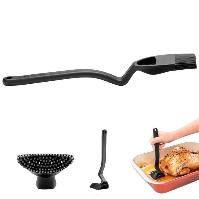 Black flexible basting brush with a long curved handle and four internal holes for controlled liquid release, designed for precise basting in Kitchen & Food, Stoves, and Grilling collections.