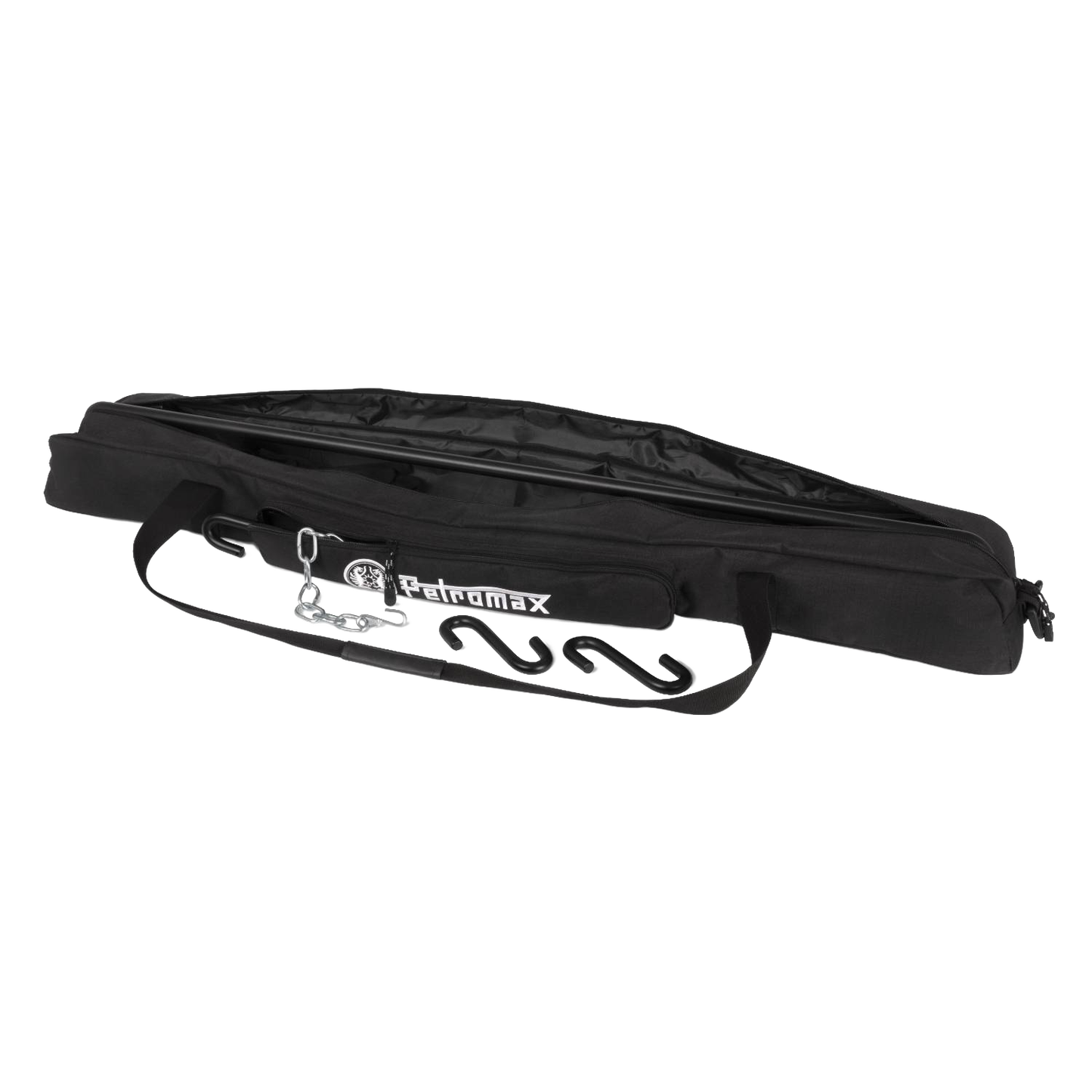 Durable black ripstop fabric transport bag for storing and carrying a Fire Bridge with attached metal frame, suited for camping, farm, garden, and outdoor use.