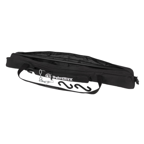 Durable black ripstop fabric transport bag for storing and carrying a Fire Bridge with attached metal frame, suited for camping, farm, garden, and outdoor use.