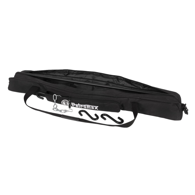 Durable black ripstop fabric transport bag for storing and carrying a Fire Bridge with attached metal frame, suited for camping, farm, garden, and outdoor use.