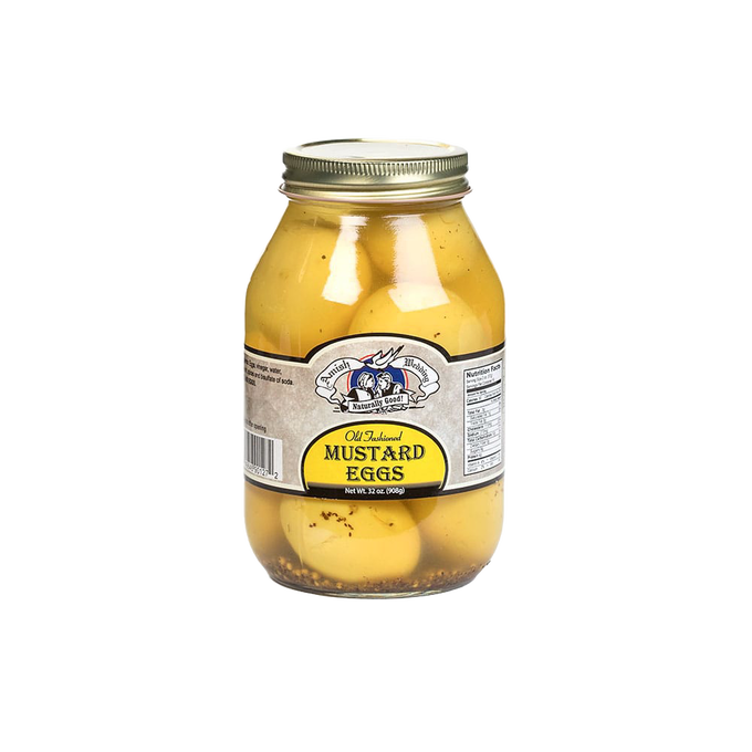 Glass jar of mustard marinated eggs with vintage label and silver lid, part of Kitchen & Food, Food, Pantry, USA Made, Best Sellers, and Promo Eligible collections.