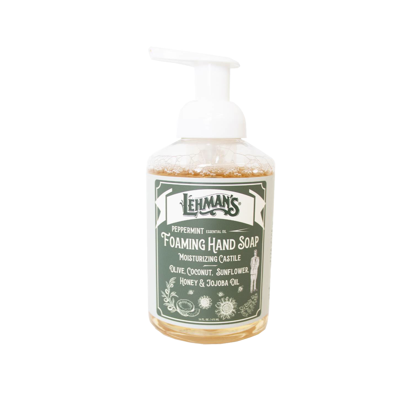 Clear pump bottle of Lehman's handcrafted moisturizing foaming hand soap with peppermint, made in USA, featuring natural oils like olive, coconut, sunflower, honey, and jojoba, ideal for Health & Wellness and Grooming collections.