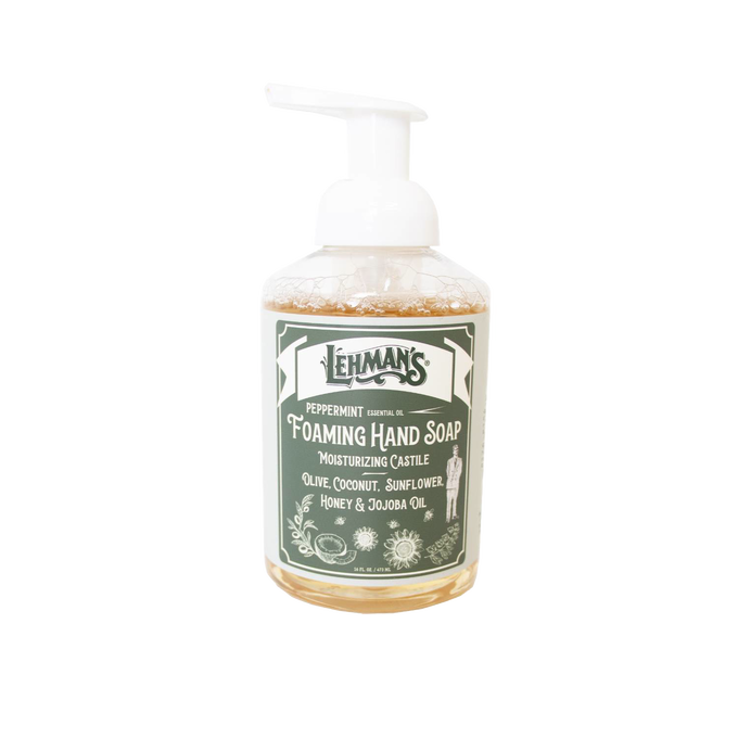 Clear pump bottle of Lehman's handcrafted moisturizing foaming hand soap with peppermint, made in USA, featuring natural oils like olive, coconut, sunflower, honey, and jojoba, ideal for Health & Wellness and Grooming collections.