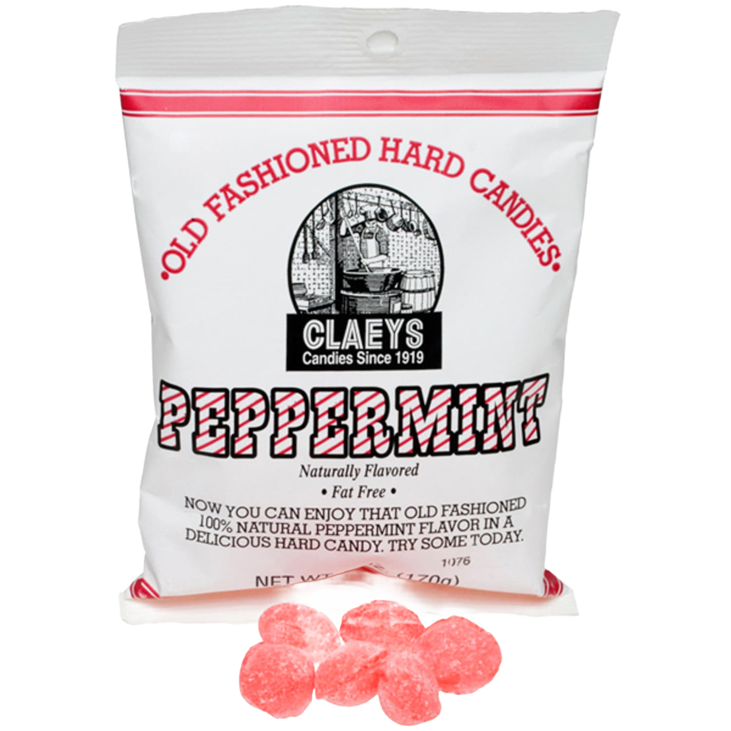 White bag of handcrafted peppermint flavored old-fashioned hard candies, naturally flavored and fat free, made in USA, perfect for Kitchen & Food, Food, Snacks and Sweets, USA Made, Best Sellers, and Promo Eligible collections.
