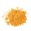 Pile of freeze-dried shredded sharp cheddar cheese in bright orange shade, ideal for long-term storage in emergency supplies, pantry, and kitchen food collections.