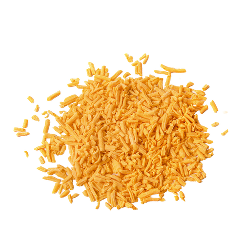 Pile of freeze-dried shredded sharp cheddar cheese in bright orange shade, ideal for long-term storage in emergency supplies, pantry, and kitchen food collections.