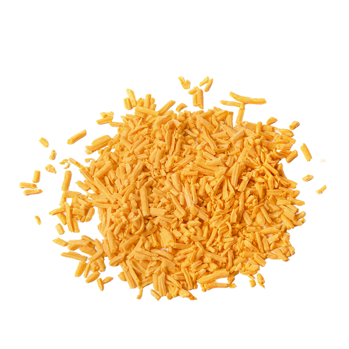 Pile of freeze-dried shredded sharp cheddar cheese in bright orange shade, ideal for long-term storage in emergency supplies, pantry, and kitchen food collections.
