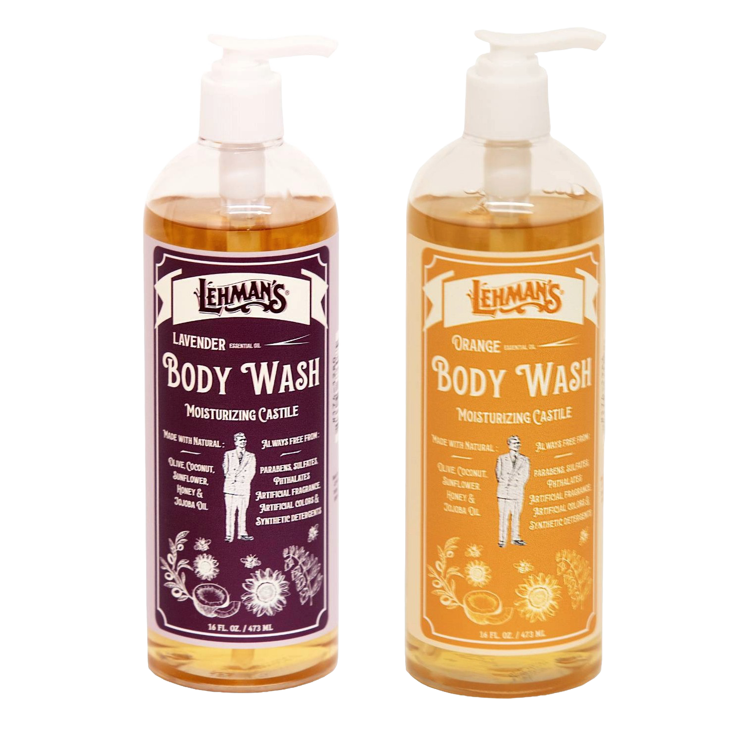 Two handcrafted 16 fl oz bottles of Lehman’s castile moisturizing body wash in lavender and orange scents, made in USA, featured in Health & Wellness, Grooming, Soaps, and Best Sellers collections.