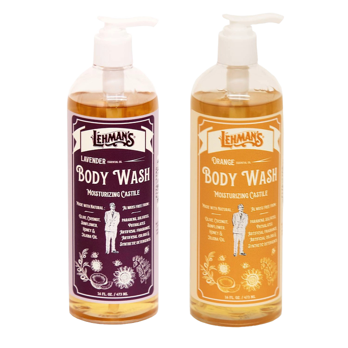 Two handcrafted 16 fl oz bottles of Lehman’s castile moisturizing body wash in lavender and orange scents, made in USA, featured in Health & Wellness, Grooming, Soaps, and Best Sellers collections.