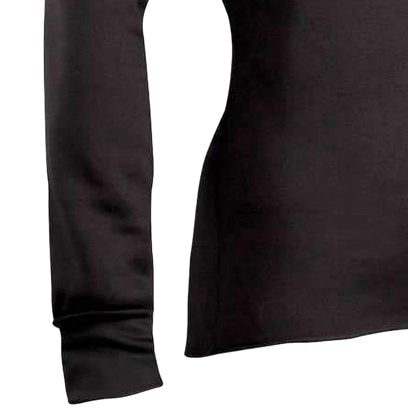 Close-up of the cuff and lower section of a black fleece long johns shirt made from soft fleeced polyester, designed to wick moisture and provide warmth, ideal for Health & Wellness and Clothing and Accessories collections.