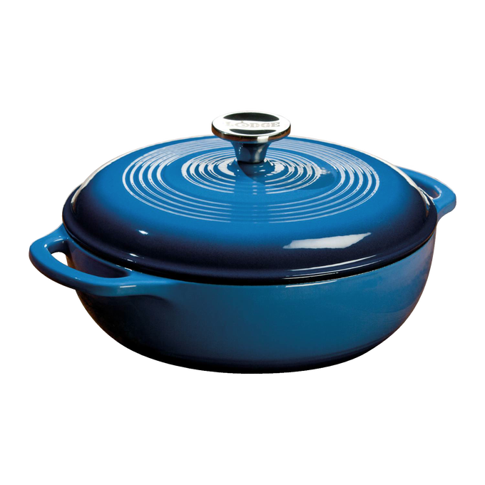 Handcrafted blue enameled cast iron 3-quart dutch oven with a glossy finish and metal knob, ideal for broiling, braising, baking, or roasting in Kitchen & Food, Cookware, Cast Iron collections.