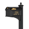 Handcrafted black and gold mailbox with custom address plate mounted on matching post, featuring elegant design made in USA, ideal for Home & Decor and Mailboxes collections.