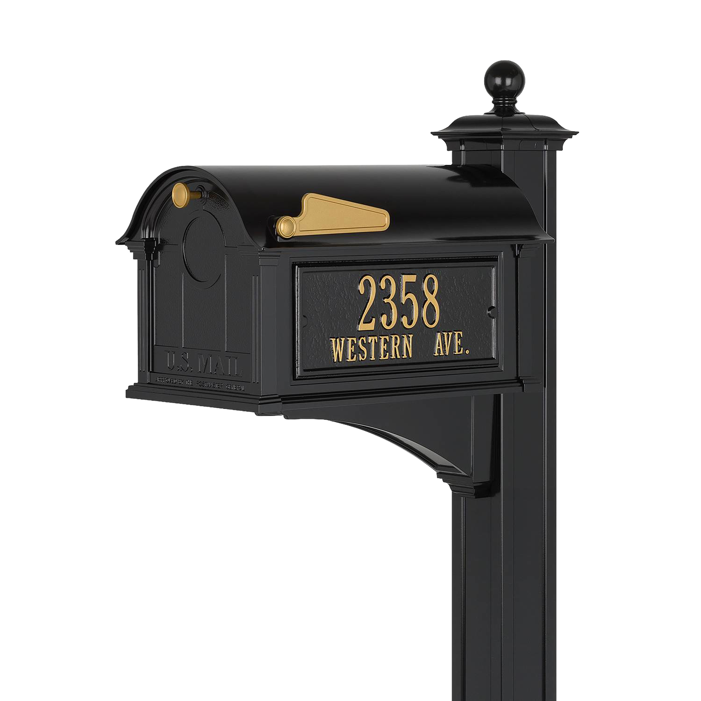 Handcrafted black and gold mailbox with custom address plate mounted on matching post, featuring elegant design made in USA, ideal for Home & Decor and Mailboxes collections.