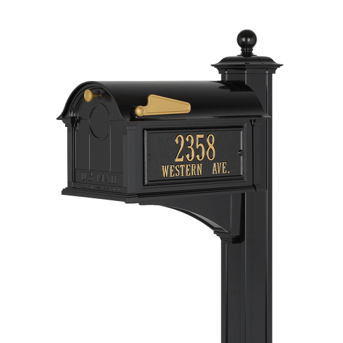 Handcrafted black and gold mailbox with custom address plate mounted on matching post, featuring elegant design made in USA, ideal for Home & Decor and Mailboxes collections.