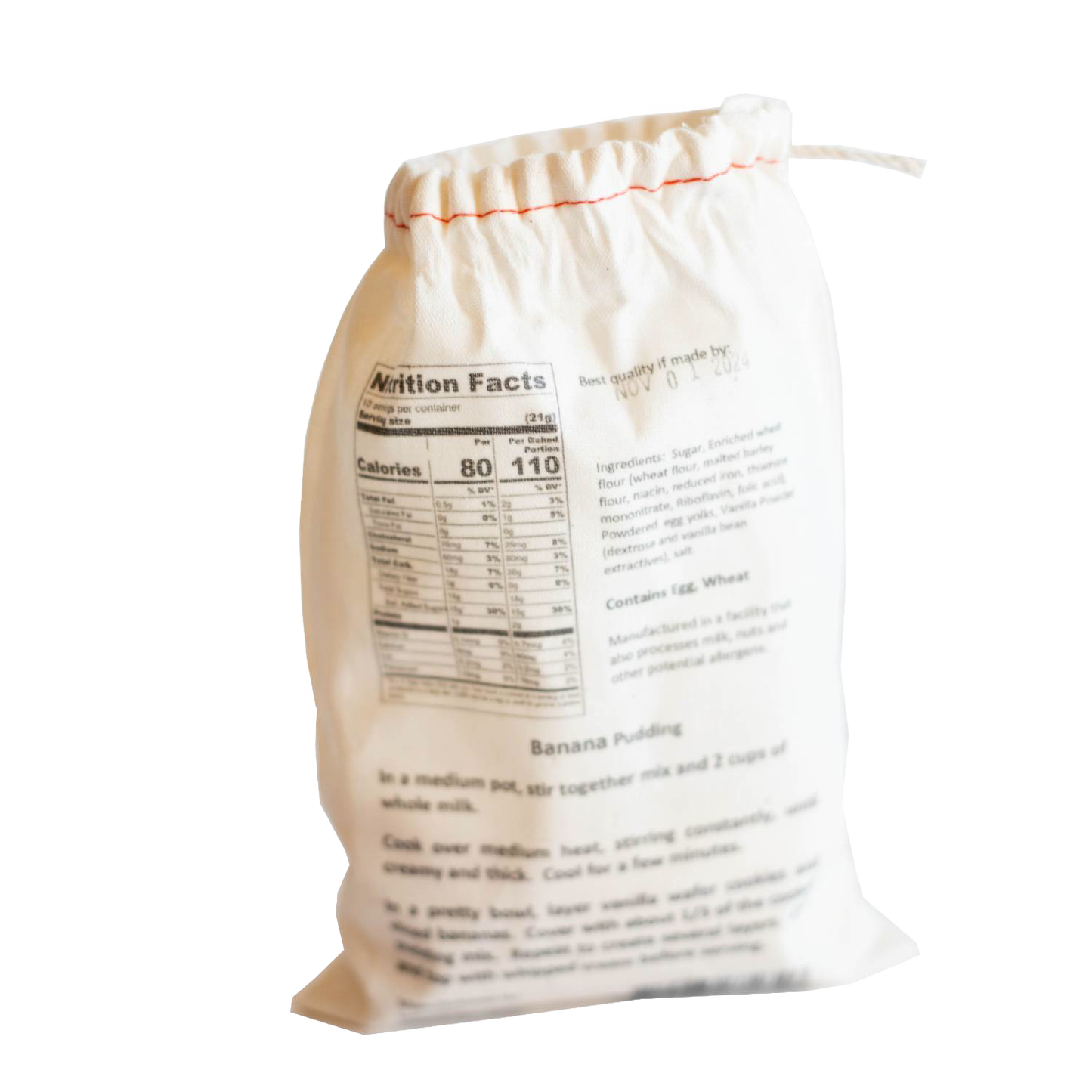 Natural fabric drawstring bag with handcrafted pudding mix in banana flavor, featuring detailed nutrition facts and cooking instructions, perfect for Kitchen & Food, Pantry, Dry Goods and Mixes, Best Sellers, Promo Eligible collections.