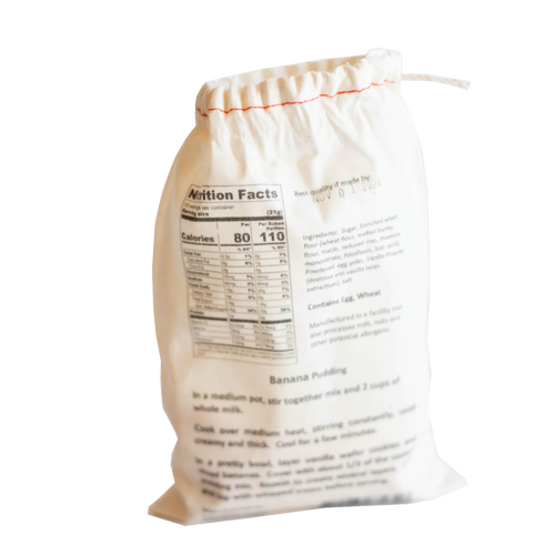 Natural fabric drawstring bag with handcrafted pudding mix in banana flavor, featuring detailed nutrition facts and cooking instructions, perfect for Kitchen & Food, Pantry, Dry Goods and Mixes, Best Sellers, Promo Eligible collections.