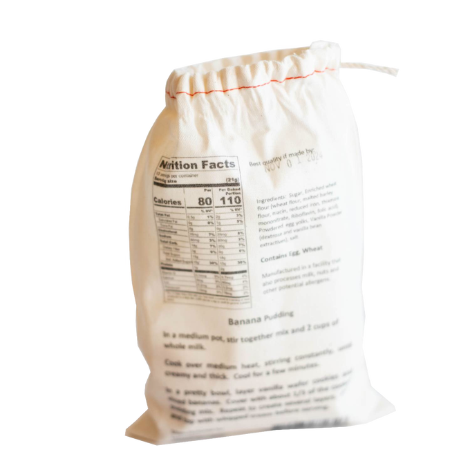 Natural fabric drawstring bag with handcrafted pudding mix in banana flavor, featuring detailed nutrition facts and cooking instructions, perfect for Kitchen & Food, Pantry, Dry Goods and Mixes, Best Sellers, Promo Eligible collections.
