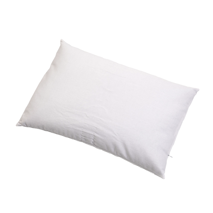 Handcrafted white buckwheat bed pillow with a smooth cover, made in the USA, offering adjustable firmness and natural support, featured in Home & Decor, Home Textiles, USA Made, and Best Sellers collections.
