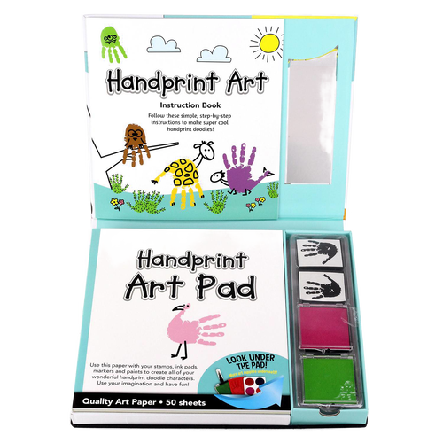 Open art kit featuring a handprint art pad with colorful stamps, ink pads in pink and green, and an instruction booklet for kids' creative arts and crafts projects.