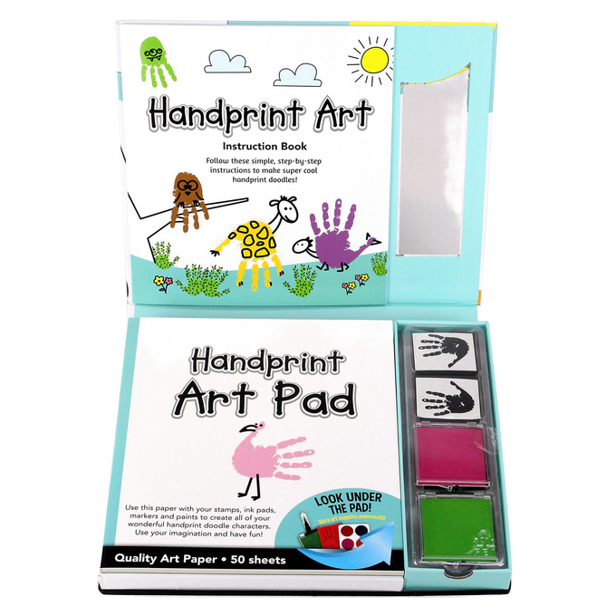 Open art kit featuring a handprint art pad with colorful stamps, ink pads in pink and green, and an instruction booklet for kids' creative arts and crafts projects.