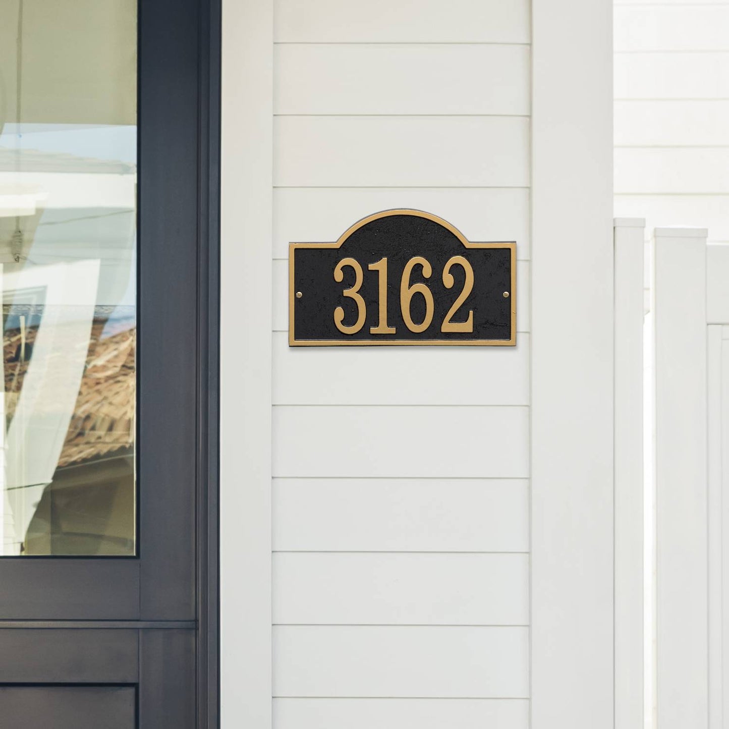 Handcrafted black and gold arched rectangle address plaque displaying house number, designed to enhance curb appeal in Home & Decor, Mailboxes and Address Signs, USA Made, and Best Sellers collections.