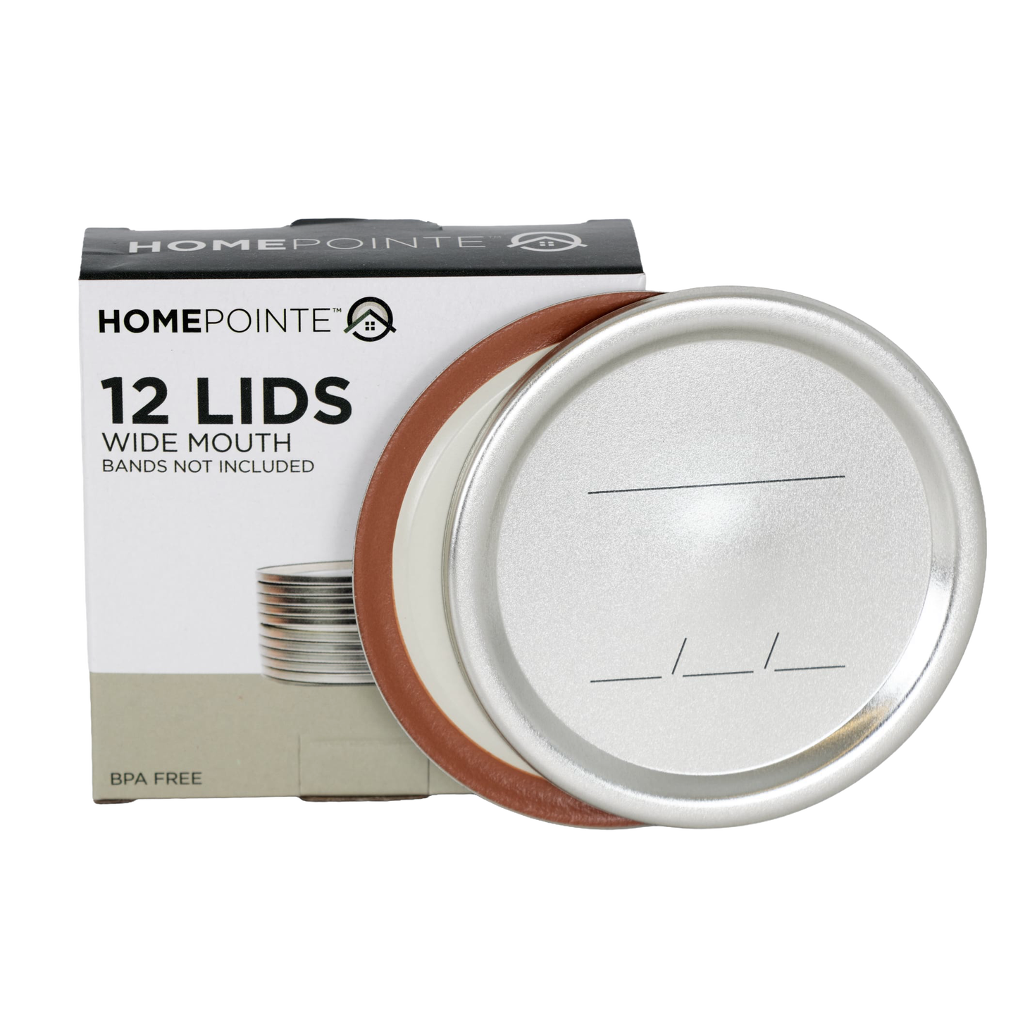 Box of twelve wide-mouth canning jar lids featuring a BPA-free sealing compound and date marking lines, designed for airtight food preservation in Kitchen & Food, Food Preservation, Canning, and Best Sellers collections.