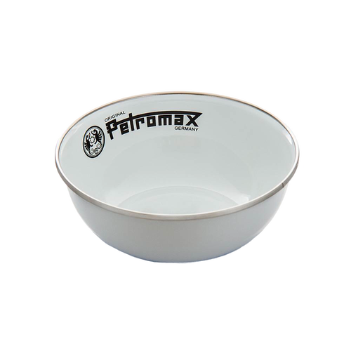 Lightweight white enamel bowl with Petromax logo and black rim, durable and heat-resistant, ideal for outdoor use in Farm, Garden & Tool, Kitchen & Food, Camping, and Dinnerware collections.