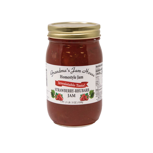 Handcrafted jar of strawberry-rhubarb jam with gold lid and white label featuring fruit illustrations, made in USA, included in Kitchen & Food, Pantry, Peanut Butter & Jellies, Best Sellers, and Promo Eligible collections.