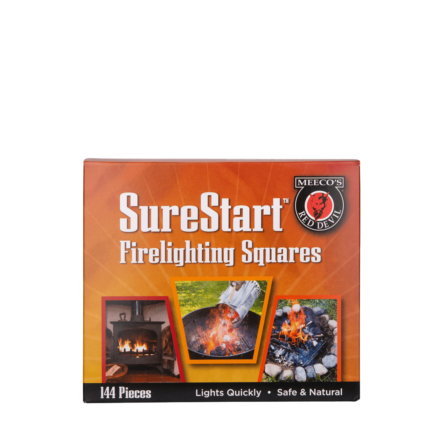 Pack of SureStart firelighting squares with bright orange packaging featuring images of fire in a stove, campfire, and grill, designed for reliable ignition in Farm, Garden & Tool, Stoves, and Hearth Accessories collections.