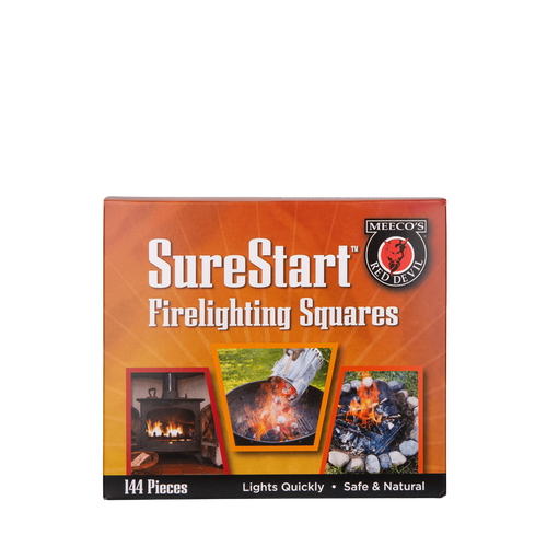 Pack of SureStart firelighting squares with bright orange packaging featuring images of fire in a stove, campfire, and grill, designed for reliable ignition in Farm, Garden & Tool, Stoves, and Hearth Accessories collections.