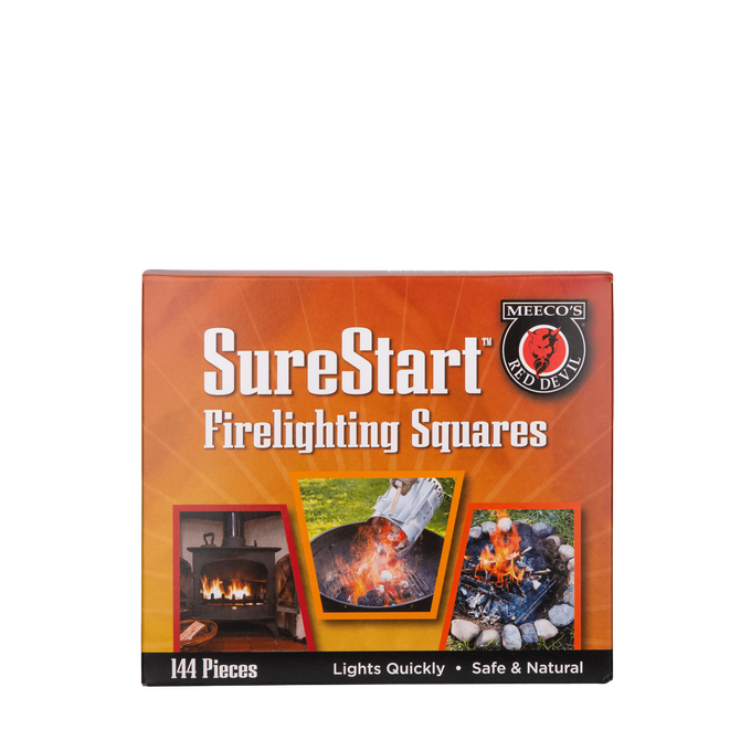 Pack of SureStart firelighting squares with bright orange packaging featuring images of fire in a stove, campfire, and grill, designed for reliable ignition in Farm, Garden & Tool, Stoves, and Hearth Accessories collections.