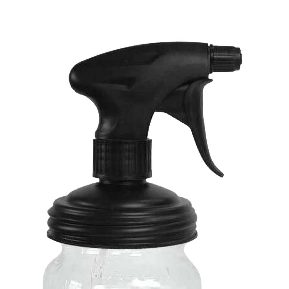 Black no-break plastic sprayer lid with adjustable nozzle and trigger on a clear glass regular-mouth jar, designed for eco-friendly home cleaning in Home & Decor, Household Helpers, USA Made collections.