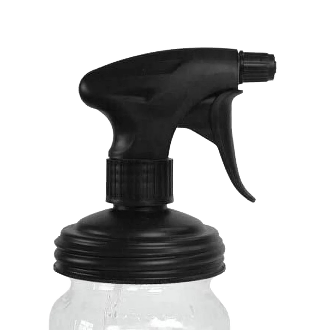 Black no-break plastic sprayer lid with adjustable nozzle and trigger on a clear glass regular-mouth jar, designed for eco-friendly home cleaning in Home & Decor, Household Helpers, USA Made collections.