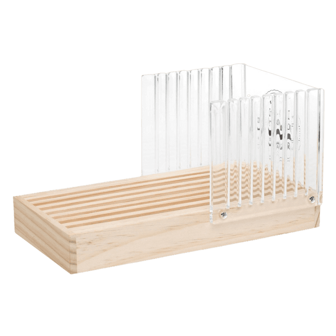 Wooden bread slicing guide featuring a removable tray to catch crumbs and clear acrylic panels to ensure even slices, ideal for kitchen and baking helpers collections.